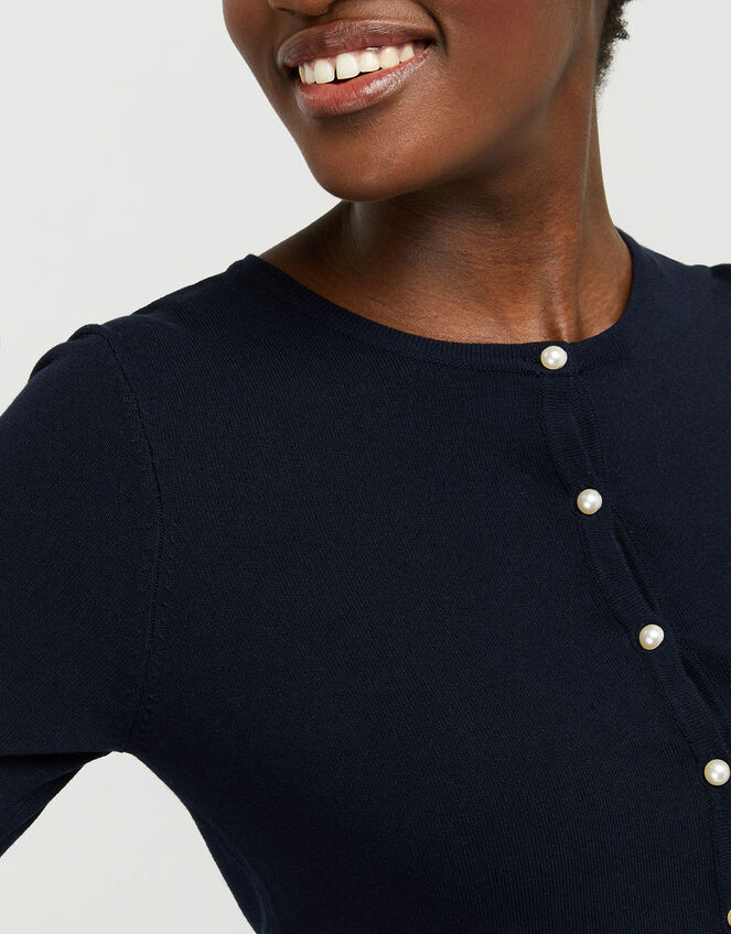Mara Cropped Cardigan with Mock-Pearl Buttons, Blue (NAVY), large