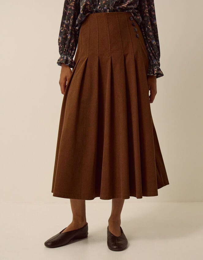 Sonja Pleated Corduroy Midi Skirt, Tan (TAN), large