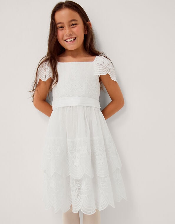 Isabel Lace Scallop Tiered Party Dress, Ivory (IVORY), large