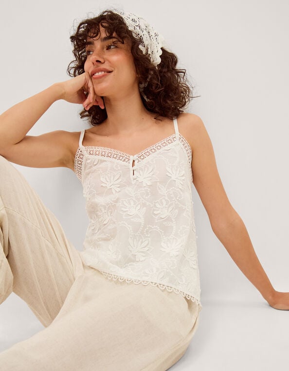 Rosie Embroidered Cami Top, White (WHITE), large