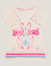 Sequin Flamingo Frilly T-Shirt, Blue (BLUE), large