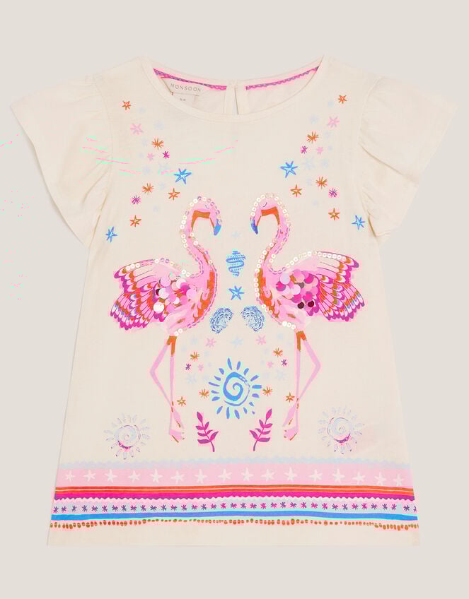 Sequin Flamingo Frilly T-Shirt, Blue (BLUE), large