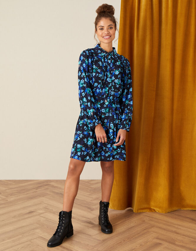Ditsy Print Short Shirt Dress, Black (BLACK), large