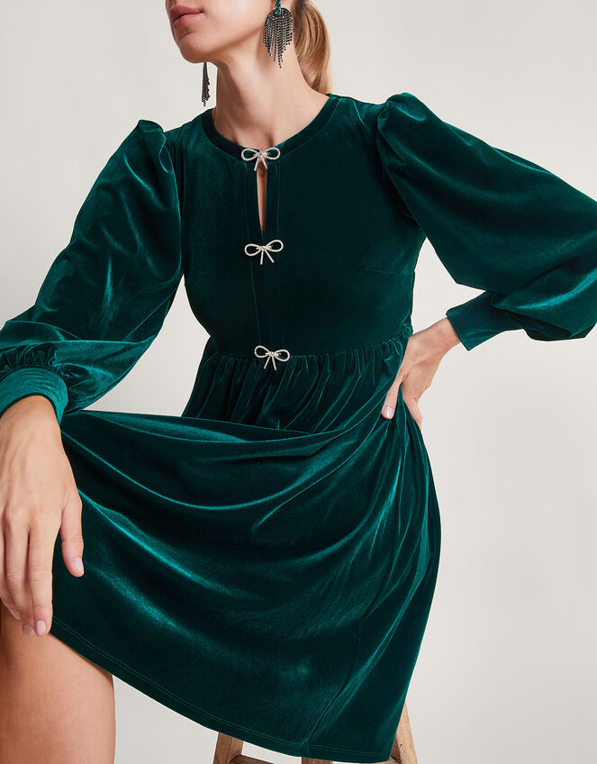 Evie Velvet Bow Dress, Green (GREEN), large