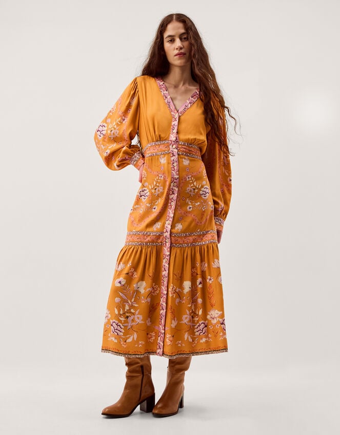 Samara Floral Print Midi Dress, Yellow (OCHRE), large