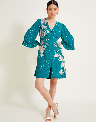 Clea Polka Dot Embroidered Dress, Teal (TEAL), large
