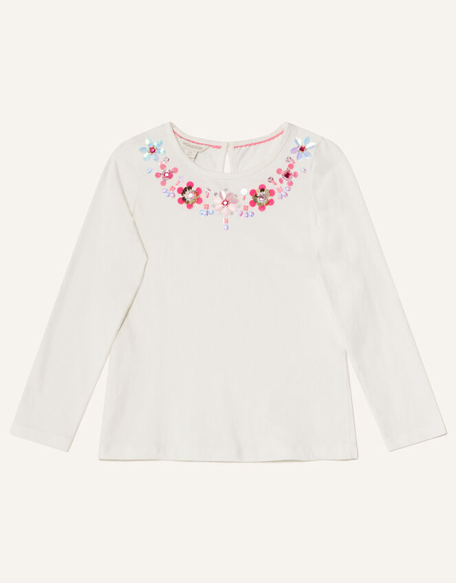 Gem Neckline Long Sleeve Top, Ivory (IVORY), large