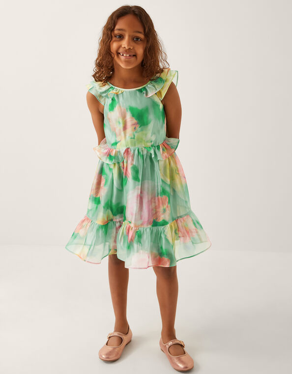 Blurry Floral Organza Ruffle Dress, Green (GREEN), large