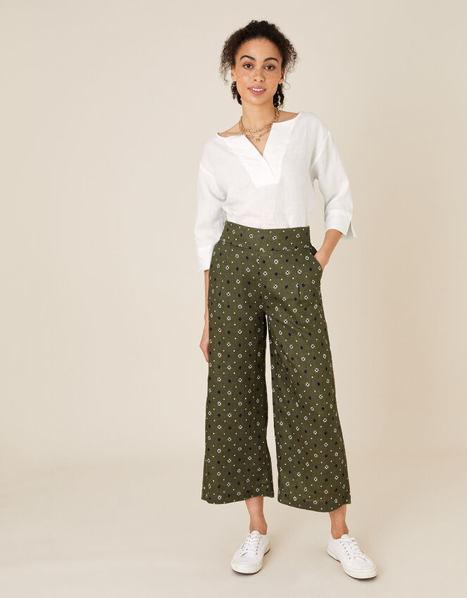 Marnie Printed Culottes in Pure Linen, Green (KHAKI), large
