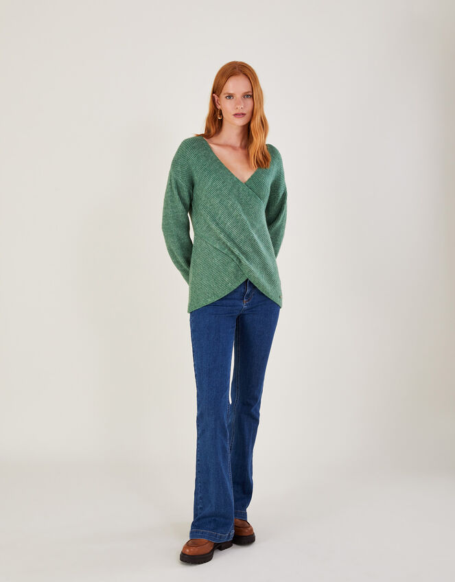 Super-Soft Ribbed Ballet Wrap Jumper, Green (GREEN), large