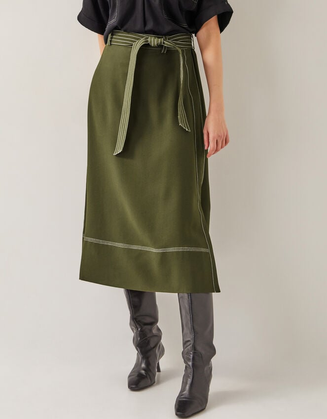 Katya Tie Waist Midi Skirt, Green (KHAKI), large