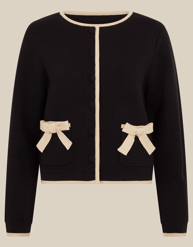 Monsoon x Queens of Archive Paris Round Neck Bow Contrast Cardigan​, Black (BLACK), large