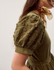 Fawn Appliqu&eacute; Puff Sleeve Midi Dress, Green (KHAKI), large