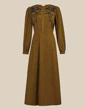 Edie Long Sleeve Embroidered Corduroy Midi Dress, Green (CHARTREUSE), large