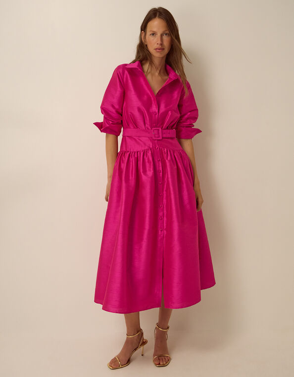 Poppy Belted Midi Shirt Dress, Pink (PINK), large