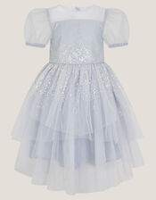 Sequin Puff Sleeve Tiered Party Dress, Blue (BLUE), large