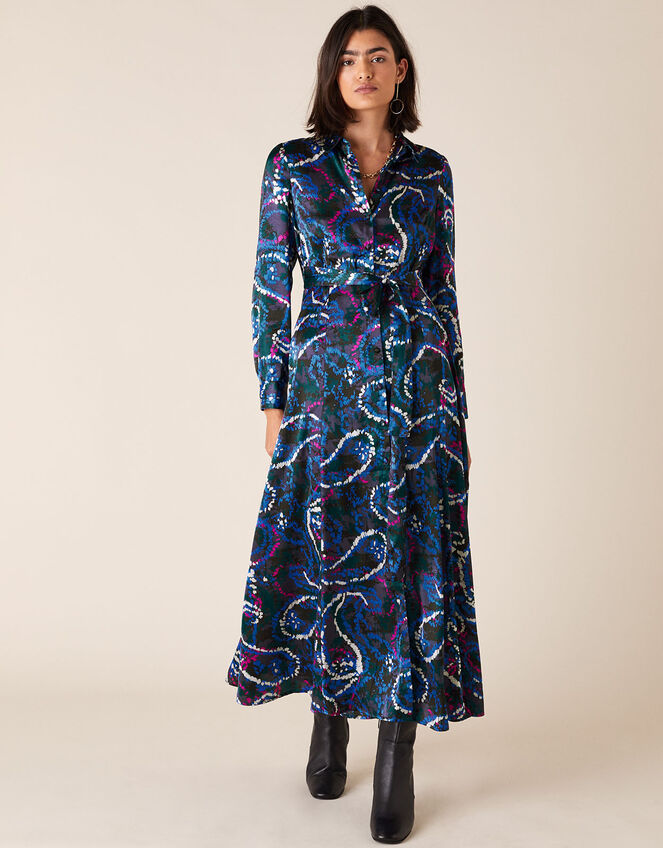 Paisley Print Satin Shirt Dress, Blue (NAVY), large