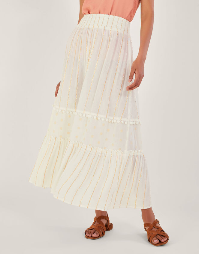 Tiered Metallic Beach Skirt, White (WHITE), large