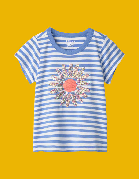 Hatley Sequin Flower Stripe T-Shirt, Blue (BLUE), large