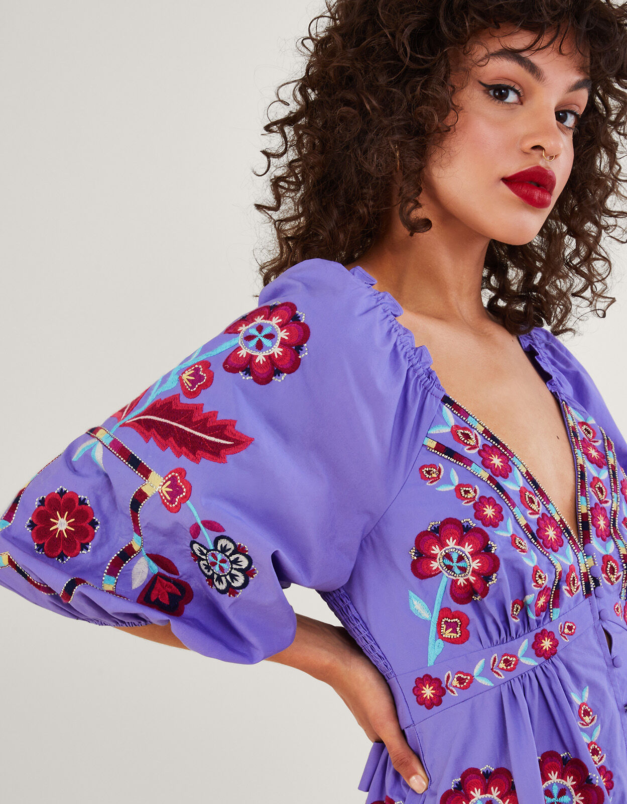 Serena Embroidered Knee-Length Dress Purple
