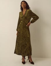 Jessi V-Neck Velvet Midi Dress, Green (KHAKI), large
