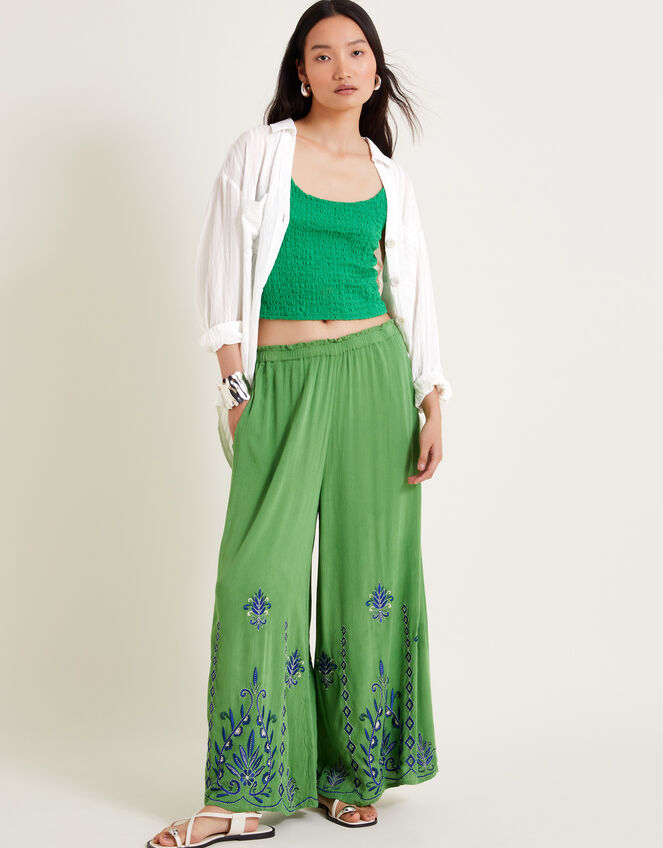 Saffron Embroidered Wide Leg Trousers, Green (GREEN), large
