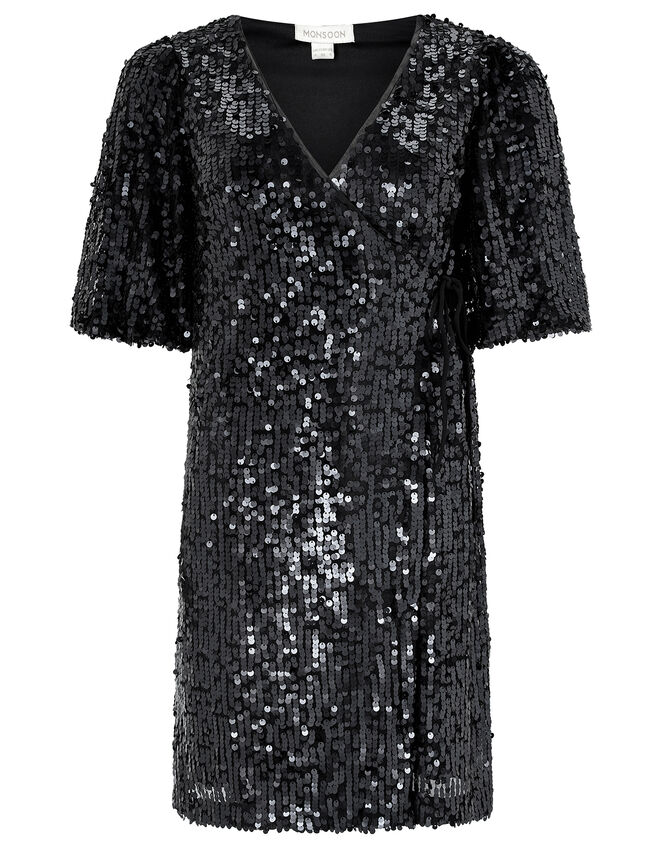 Serena Sequin Wrap Dress, Black (BLACK), large