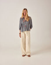 Maison Hotel April Embroidered Gingham Blouse, Blue (BLUE), large