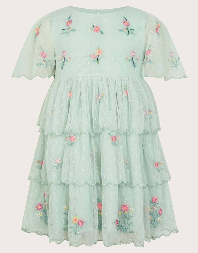 Floral Embroidered Tiered Tulle Dress, Green (GREEN), large