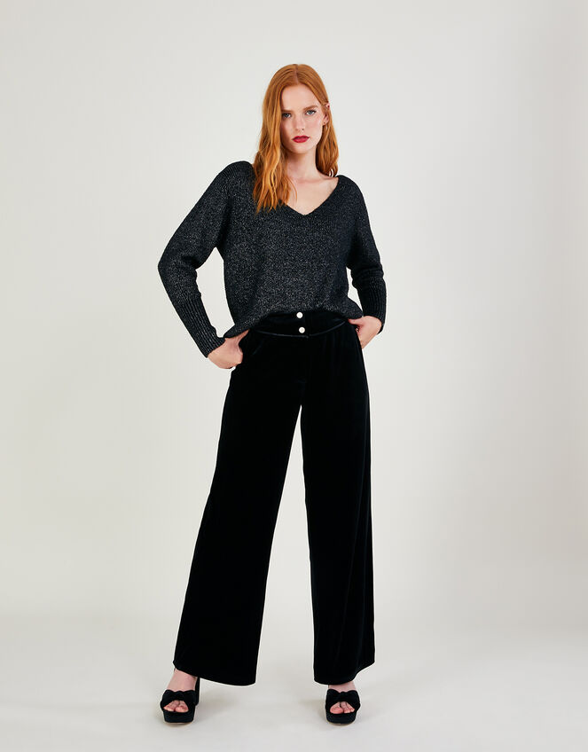 Velvet Wide Leg Trousers Black