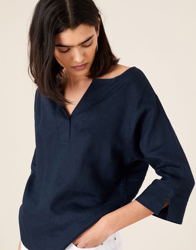 Daisy Plain T-Shirt in Pure Linen, Blue (NAVY), large