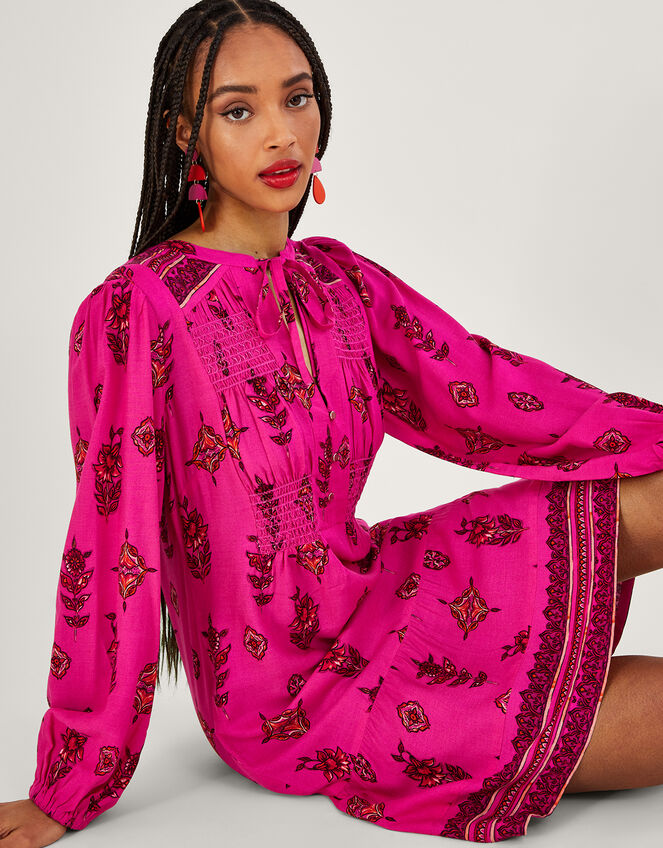 Keyhole Neckline Print Short Dress, Pink (PINK), large