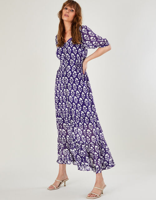 Wendy Woodblock Print Maxi Dress in Sustainable Viscose, Blue (NAVY), large