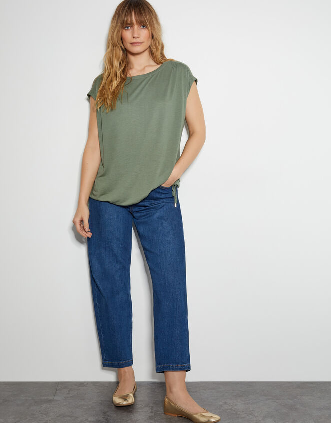 Tamara Cap Sleeve Tie Jersey Top, Green (KHAKI), large