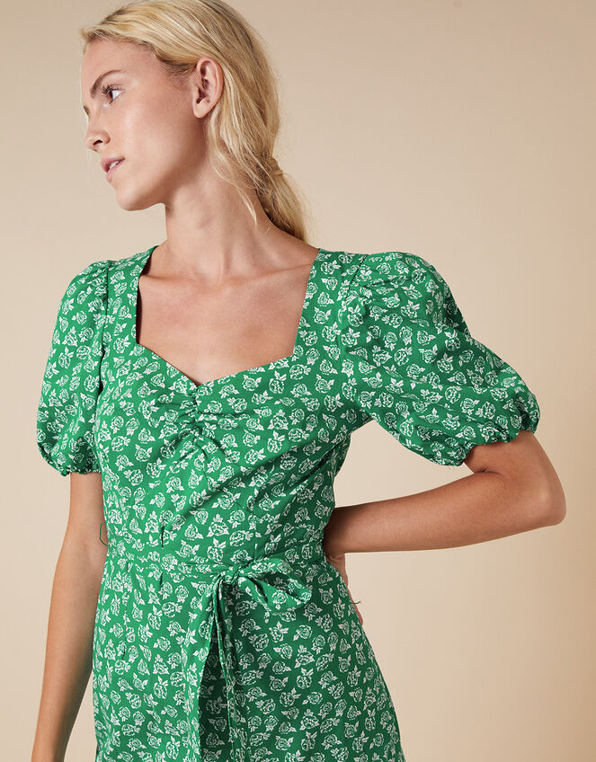 Roxie Rose Print Dress in Organic Cotton, Green (GREEN), large