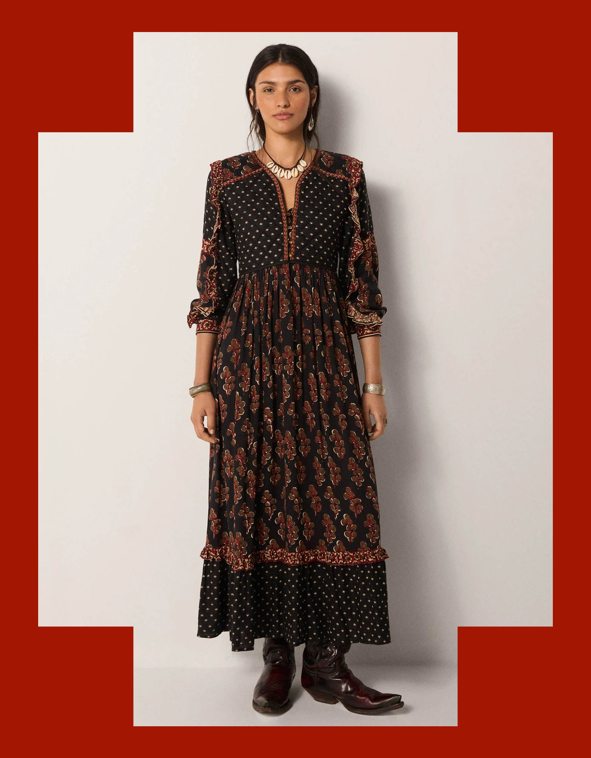 Maison Hotel Lily Mix Print Midi Dress Black