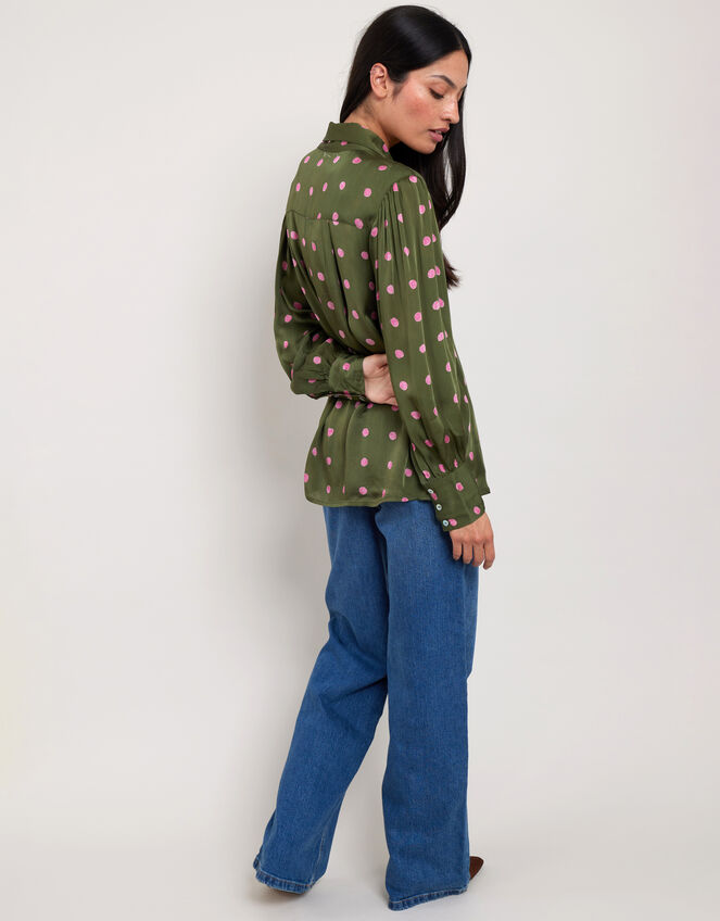 East Polka Dot Satin Shirt, Green (GREEN), large