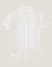 Lara Linen-Blend Short Sleeve Shirt, White (WHITE), large