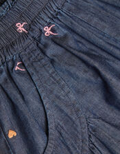 Embroidered Chambray Cuffed Trousers, Blue (BLUE), large