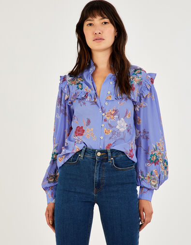 Floral Print Embroidered Blouse in Sustainable Viscose Blue, Blue (BLUE), large