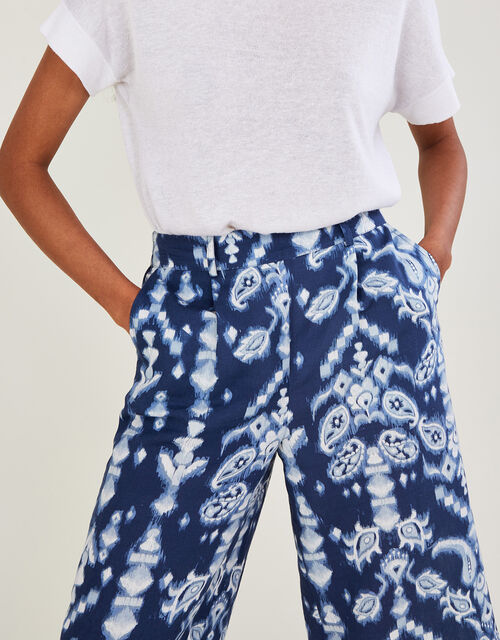 Ikat Print Trousers in Linen Blend, Blue (BLUE), large