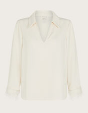Greta Feather Sleeve Blouse, Ivory (IVORY), large