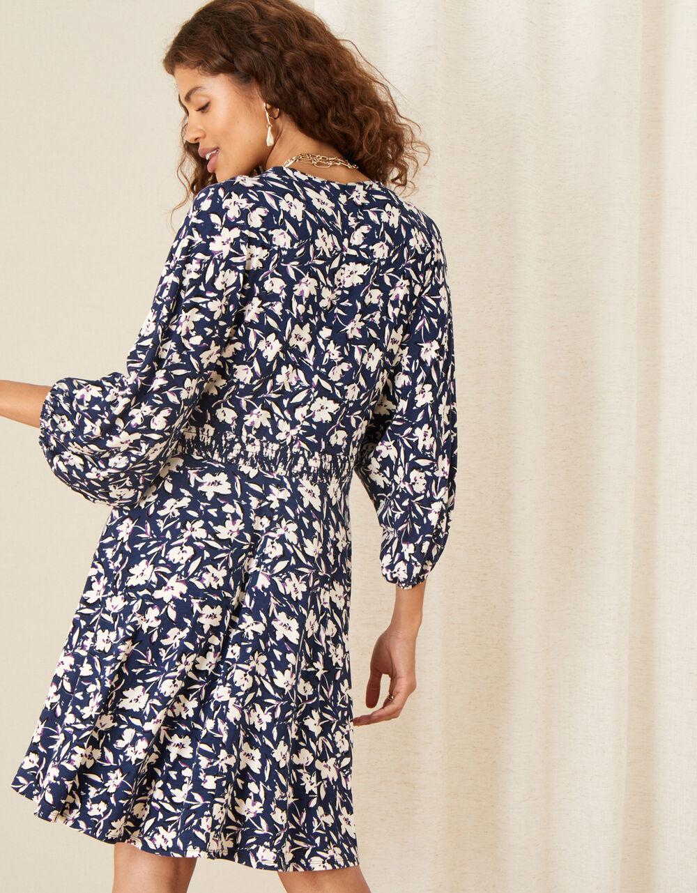 Floral Print Shirred Jersey Dress Blue Casual & Day Dresses Monsoon UK.