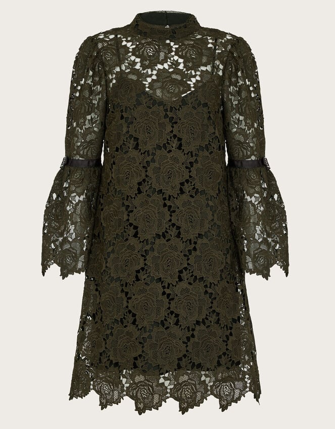 Eliza Long Sleeve Lace Mini Dress, Green (KHAKI), large