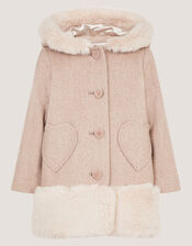 Baby Faux Fur Heart Coat, Camel (OATMEAL), large