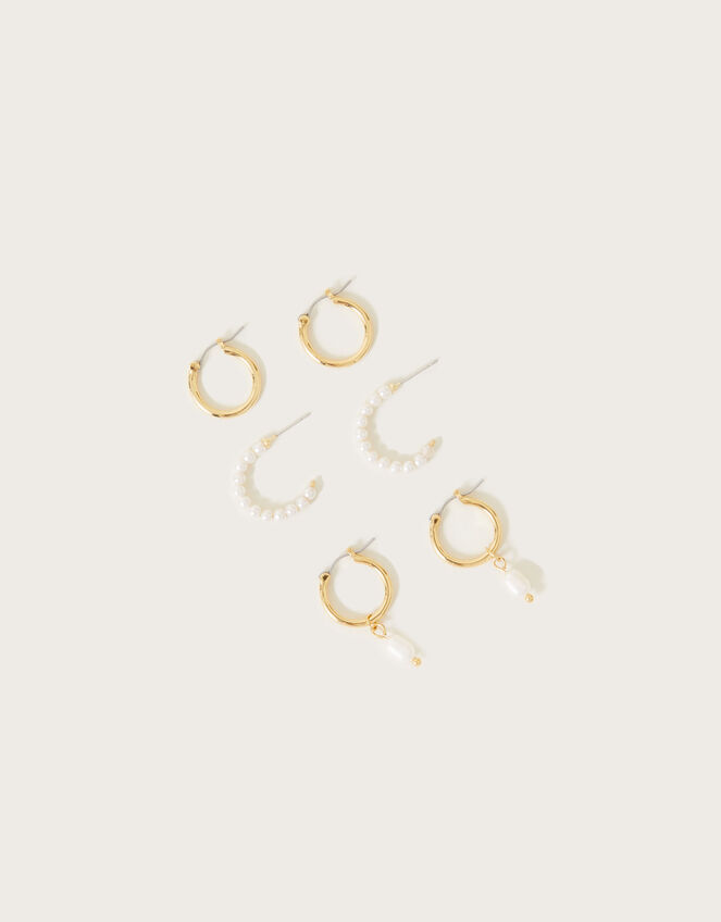 Small Pearl Hoops Set of Three, , large
