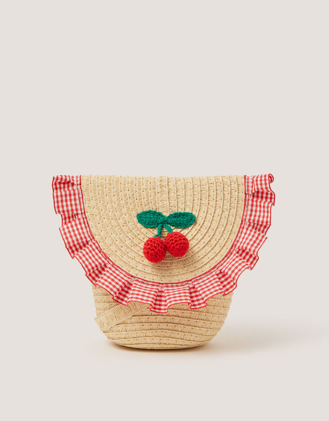 Cherry Gingham Straw Bag, , large