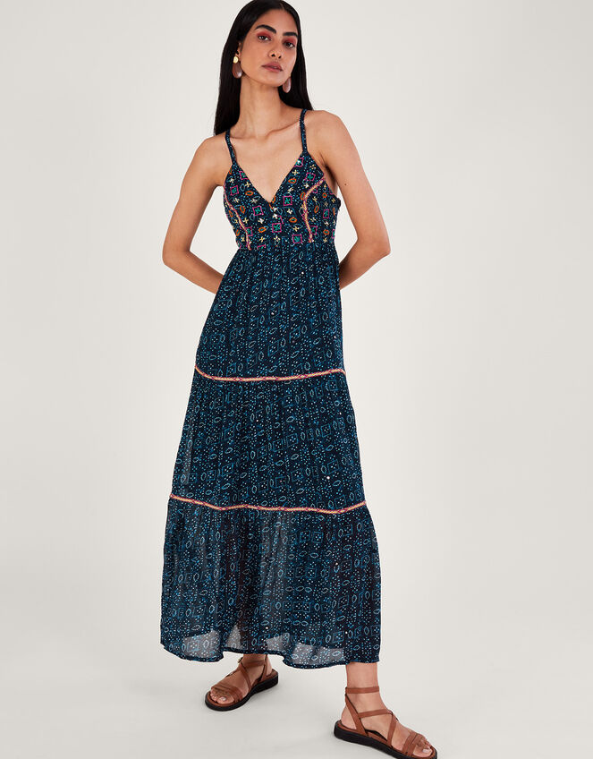 Embellished Print Maxi Cami Dress, Blue (NAVY), large
