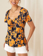 Floral Tie Front Jersey Top, Blue (NAVY), large