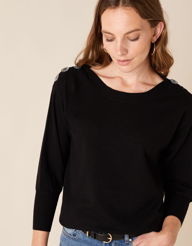 Button Shoulder Knit Jumper with Recycled Nylon, Black (BLACK), large